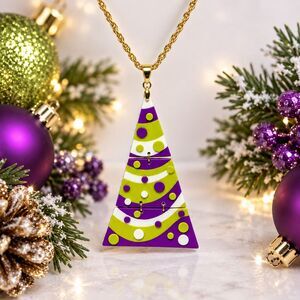 Handmade Purple & Lime Green Nordic Christmas Tree Polymer Clay Pendant Necklace
